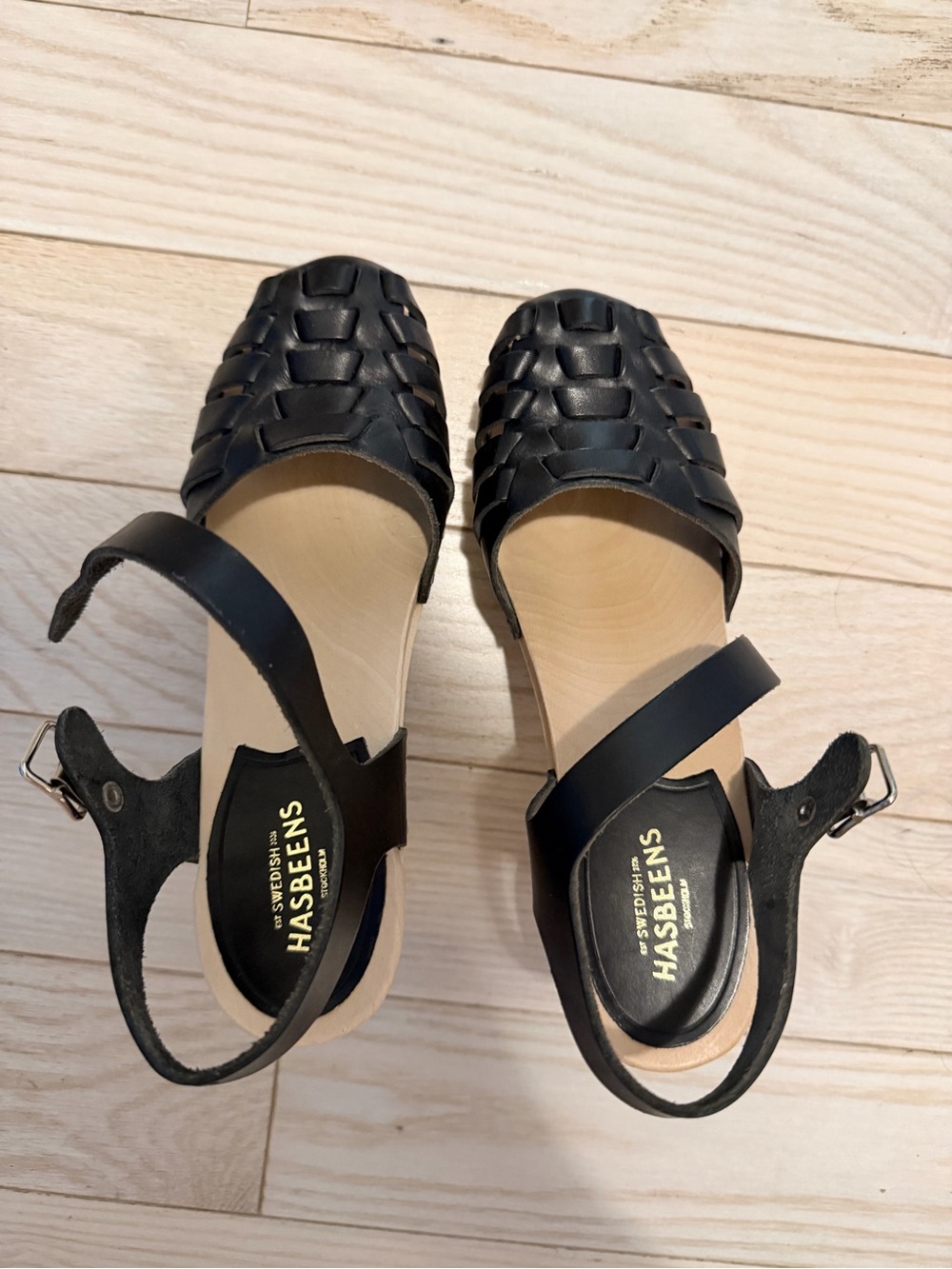 Never Worn Swedish Hasbeens Black Woven Leather Ankle-Strap Sandals